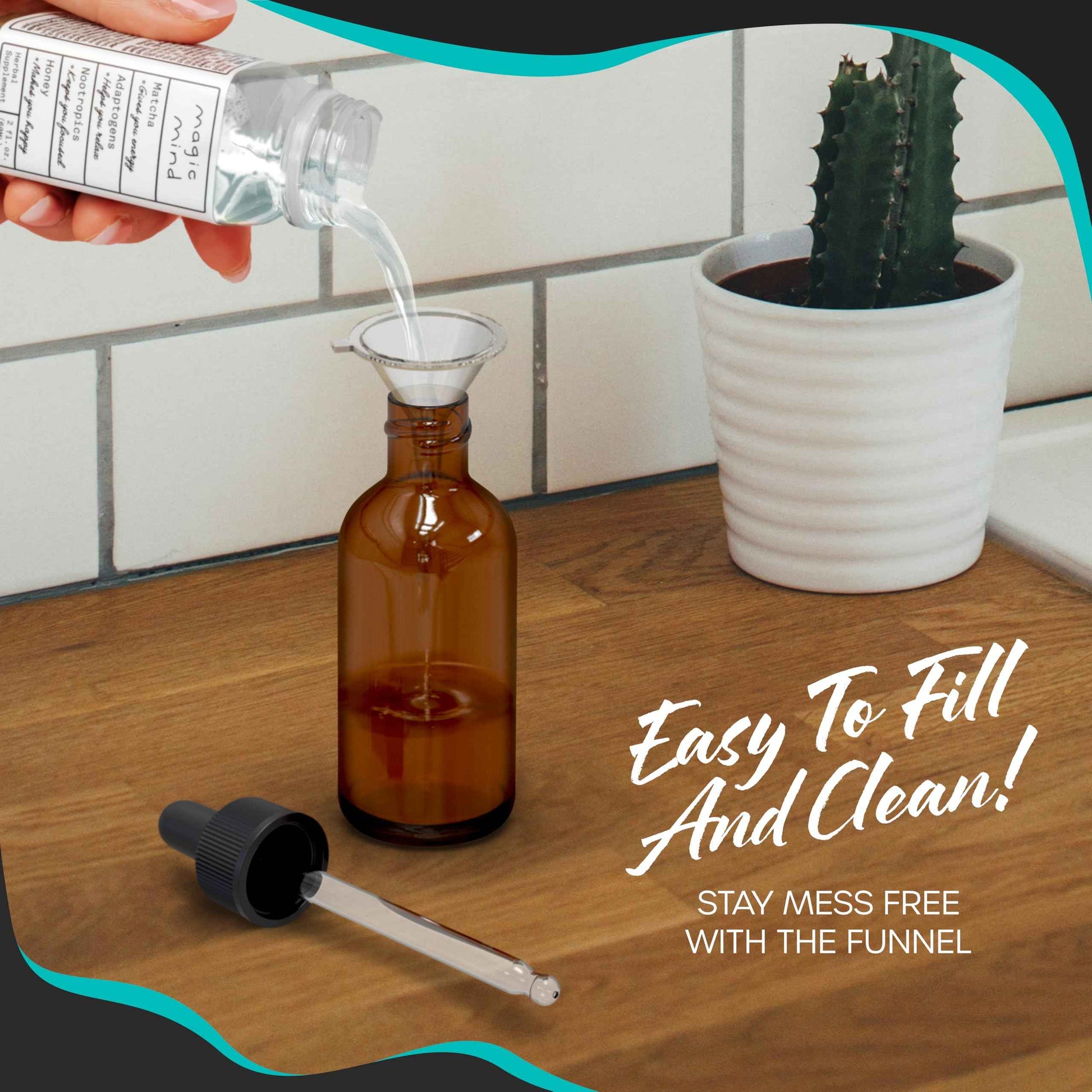 Nevlers 2 Oz Amber Glass Dropper Bottle 3 Pack | Leakproof Amber Glass Dropper Bottles with Shrink Wrap and Funnel | Oil Bottles for Essential Oils, Hair Oil, Medicine & More