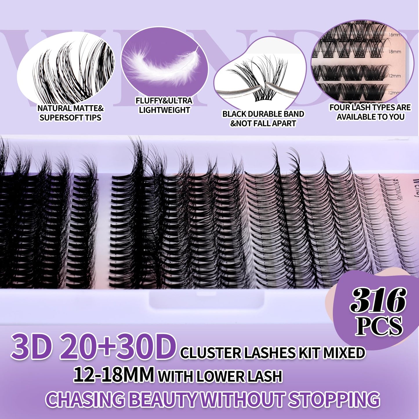 Lash Clusters With Bottom Lashes 20/30D C/D Curl 12-18mm Multi-types Individual Clusters Eyelash Extensions, Spike, Wispy Lash clusters(20/30D-3D)