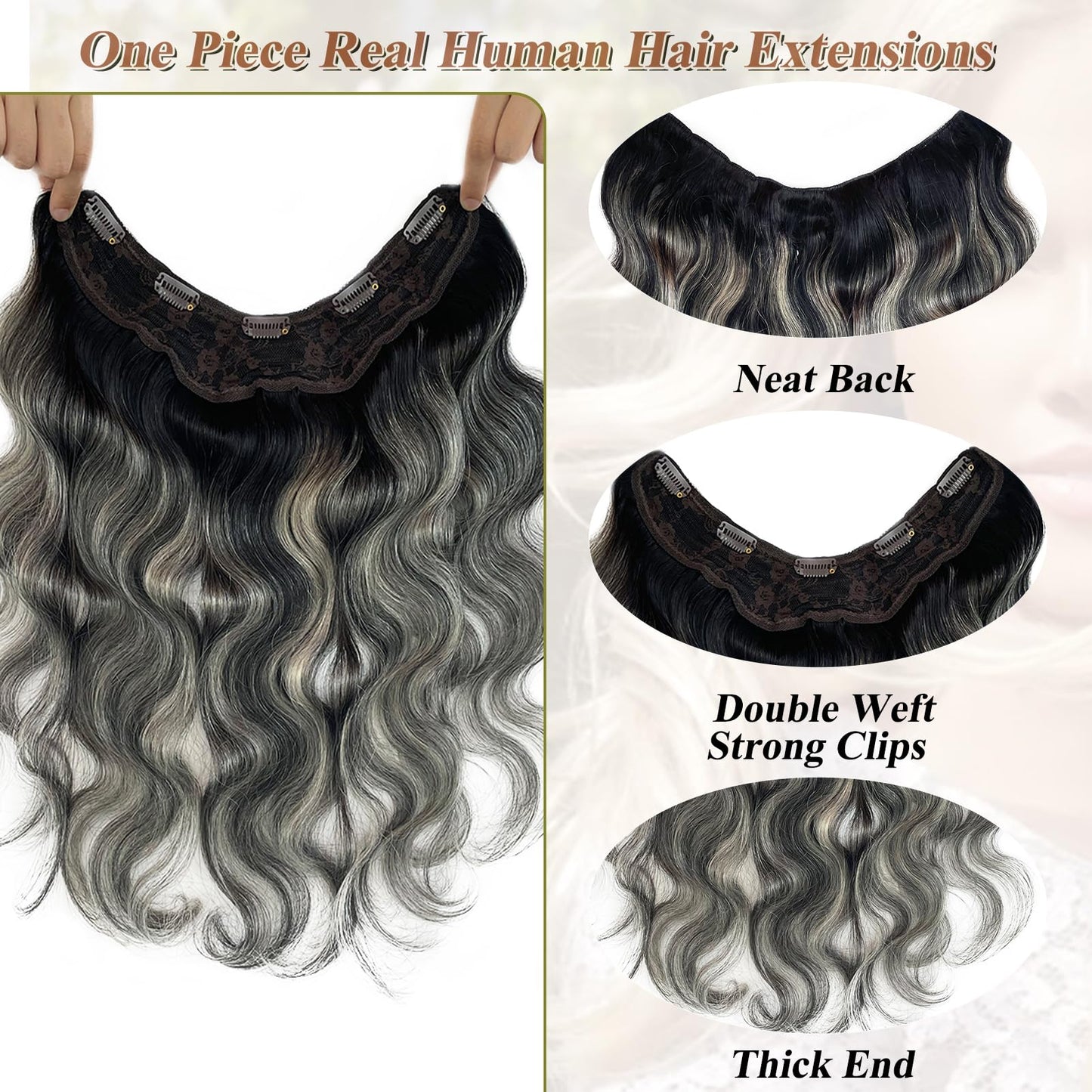 Body Wave Human Hair Clip in Extensions, One Piece Natural Black to Grey Clip in Hair Extensions Real Human Hair Clip in Hair Extensions Human Hair Curly Remy Hair Extensions Clip in Human Hair 14”