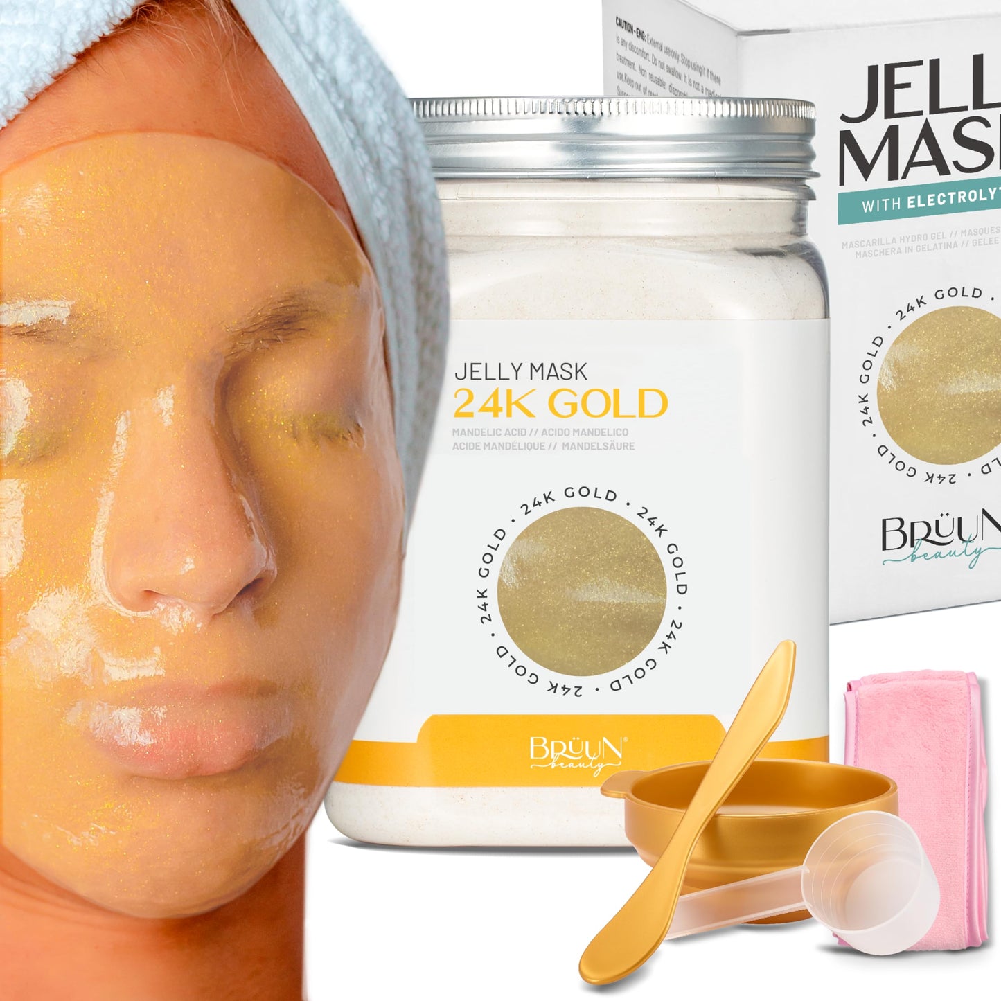 BRÜUN Jelly Mask Jar 24k Gold Mandelic AC AHA Peel-Off Face Care Rubber Mask | 23 fl oz Skin Care Moisturizing Gel Mask Jar Spa Set