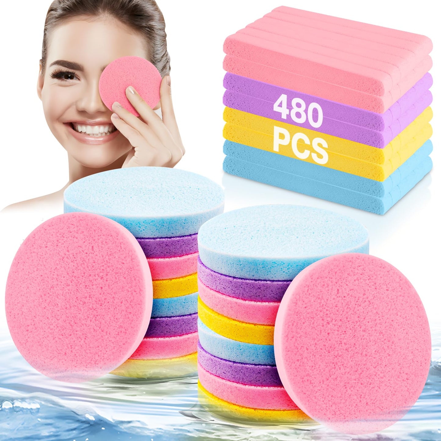 480 PCS Bulk Facial Sponge Esthetician Supplies, Facial Sponges Compressed for Esthetician Women, Makeup Remover Pads Round Face Wash Sponge for Cleansing, Exfoliating Disposable Face Sponges, 4 Color