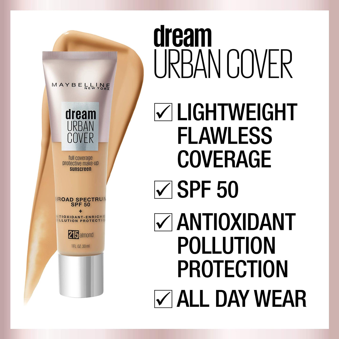 Maybelline Dream Urban Cover Flawless Coverage Foundation Makeup, SPF 50, Sun Beige