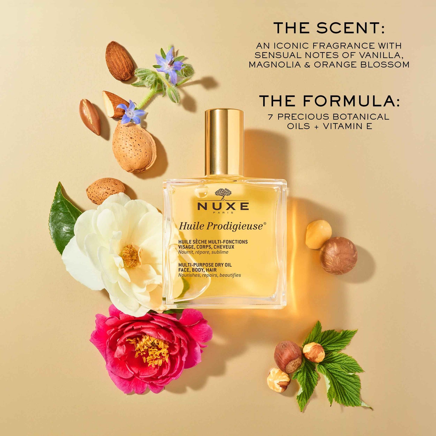 Nuxe Huile Prodigieuse Multi-Purpose Dry Oil - Radiant Glow and Lightweight Hydration for Face, Body & Hair. Nourishes, Repairs and Enhances