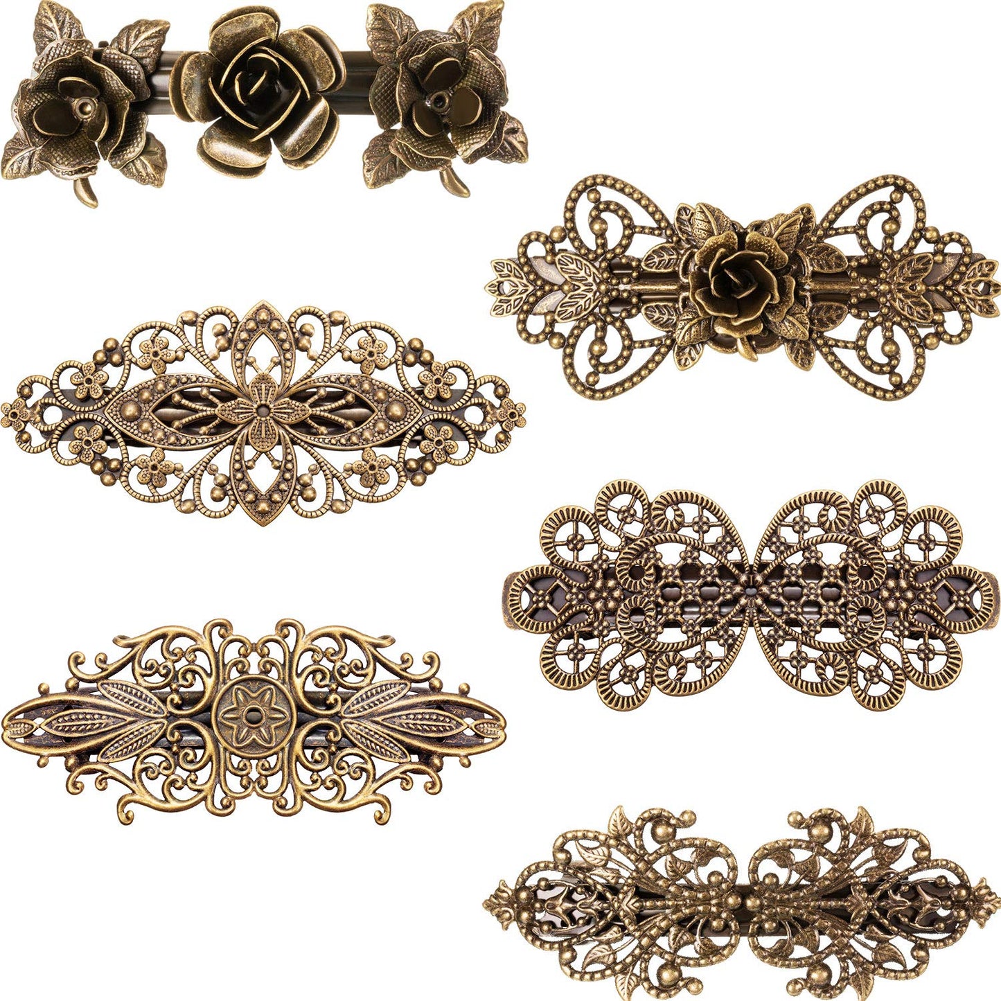 6 Pieces Vintage Hair Barrettes/ Clips for Women Retro French flower Metal Bronze Girl Hair Styling Pins/ Accessories