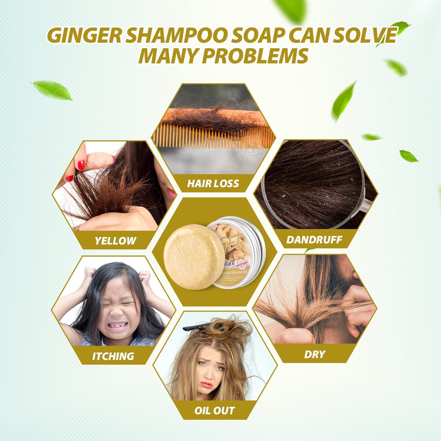 Zoreni 3 Pcs Ginger Hair Regrowth Shampoo Bar, Anti Hair Loss Ginger Shampoo Soap, Natural Organic Ginger Shampoo Bar Promotes Hair Growth, Anti-dandruff and Anti-itching Ginger Bar Soap