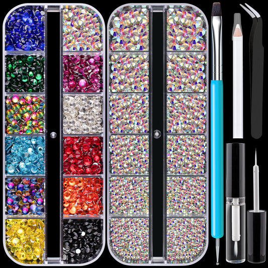 Colorful Face Gems for Makeup Set,Flatback Gorgeous Charming AB Gems, Mixed-Colored Crystals with Tweezer+Picker Pencil+Makeup Glue+Dual-End Dotting Tool for Eye Hair Body Make-up and Nail Art Deco