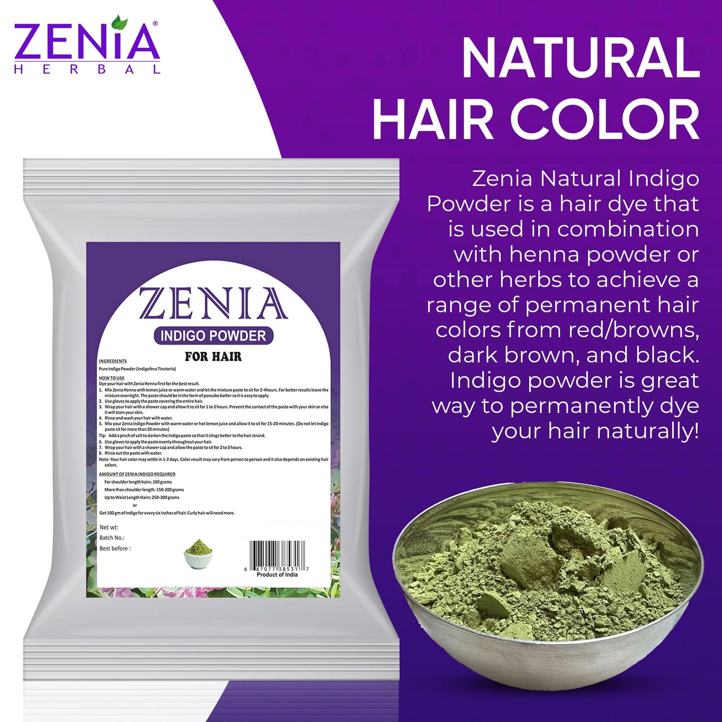 Zenia Indigo Powder (1kg) - 100% Natural Hair Dye, Permanent Color to Black, 100% Pure, No Preservatives, for Hair & Beard, Use with Henna - Value Pack