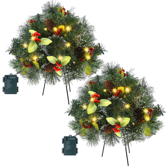 Glintoper Pre-lit Christmas Urn Filler, Lighted Artificial Mini Xmas Pine Trees with Tripod Stake, Light Up 8 Modes & Timer, Battery Powered Outdoor Planter Filler Festival Holiday Home Decor, 2 Pack