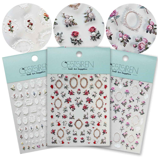 CESTSIREN Rose Flower Frame Nail Art Stickers Pearl Rhinestones Embossed Vintage Nail Decals for Nail Art Design Self-Adhesive Nail Accessories for Women Nail Art Supplies 3 Sheets