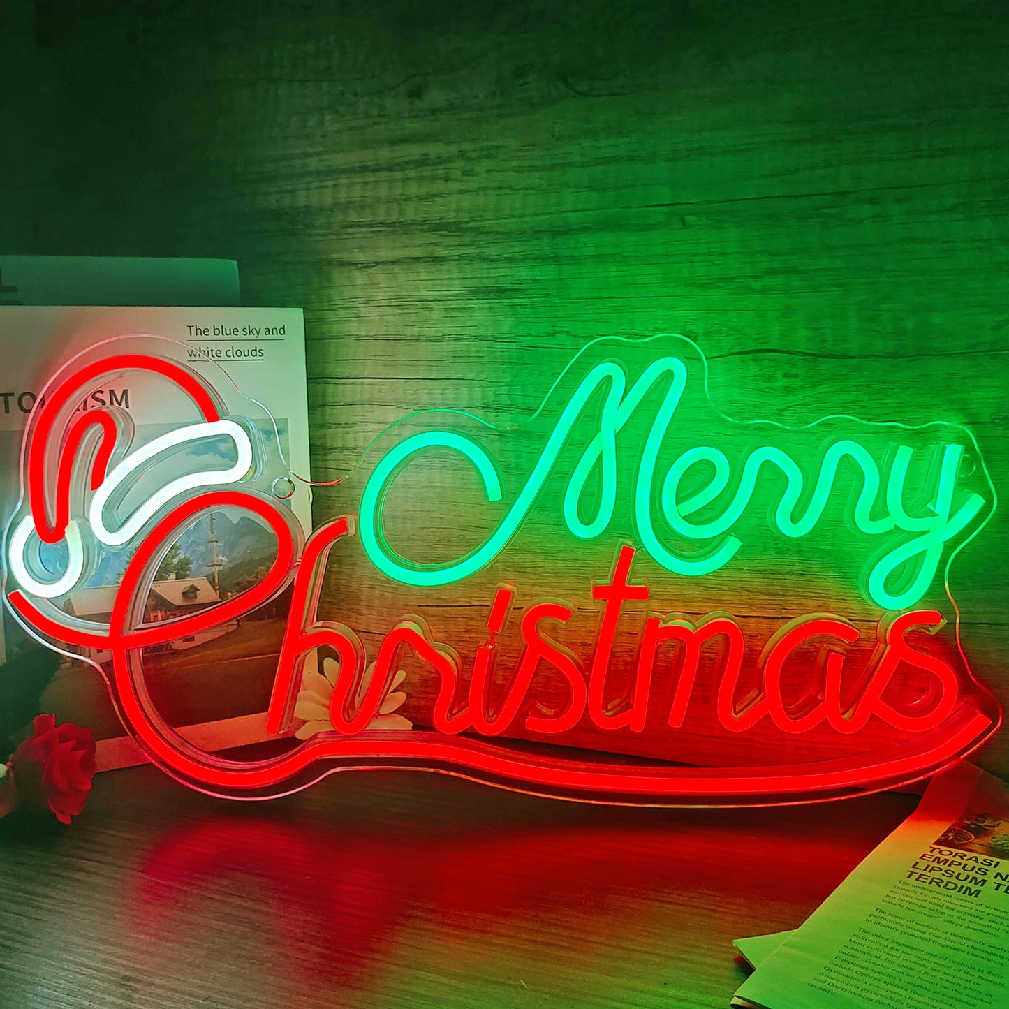 Merry Christmas Neon Signs for Wall Decor, Red Christmas Hat LED Sign Neon Lights Sign USB Powered Dimmable Switch for Indoor Party Kids Bedroom Bar Pub Club Birthday Party Gift(16.8 * 8.2in)