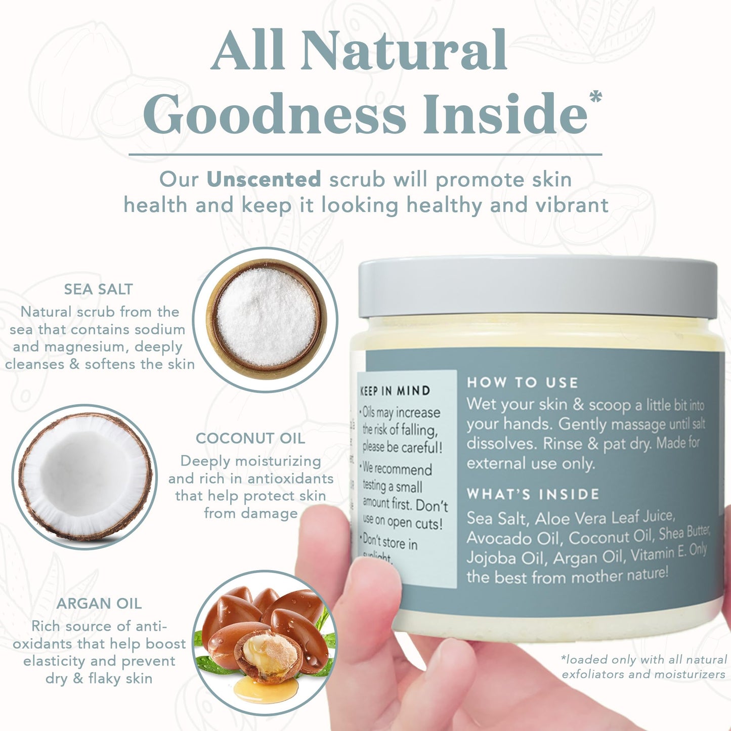 Bare Botanics Unscented Body Scrub 24oz | Made in Madison, WI | All Natural Body Scrub w/Skin Loving Moisturizers | Vegan & Cruelty Free Sea Salt Exfoliator w/a Cute Wooden Spoon