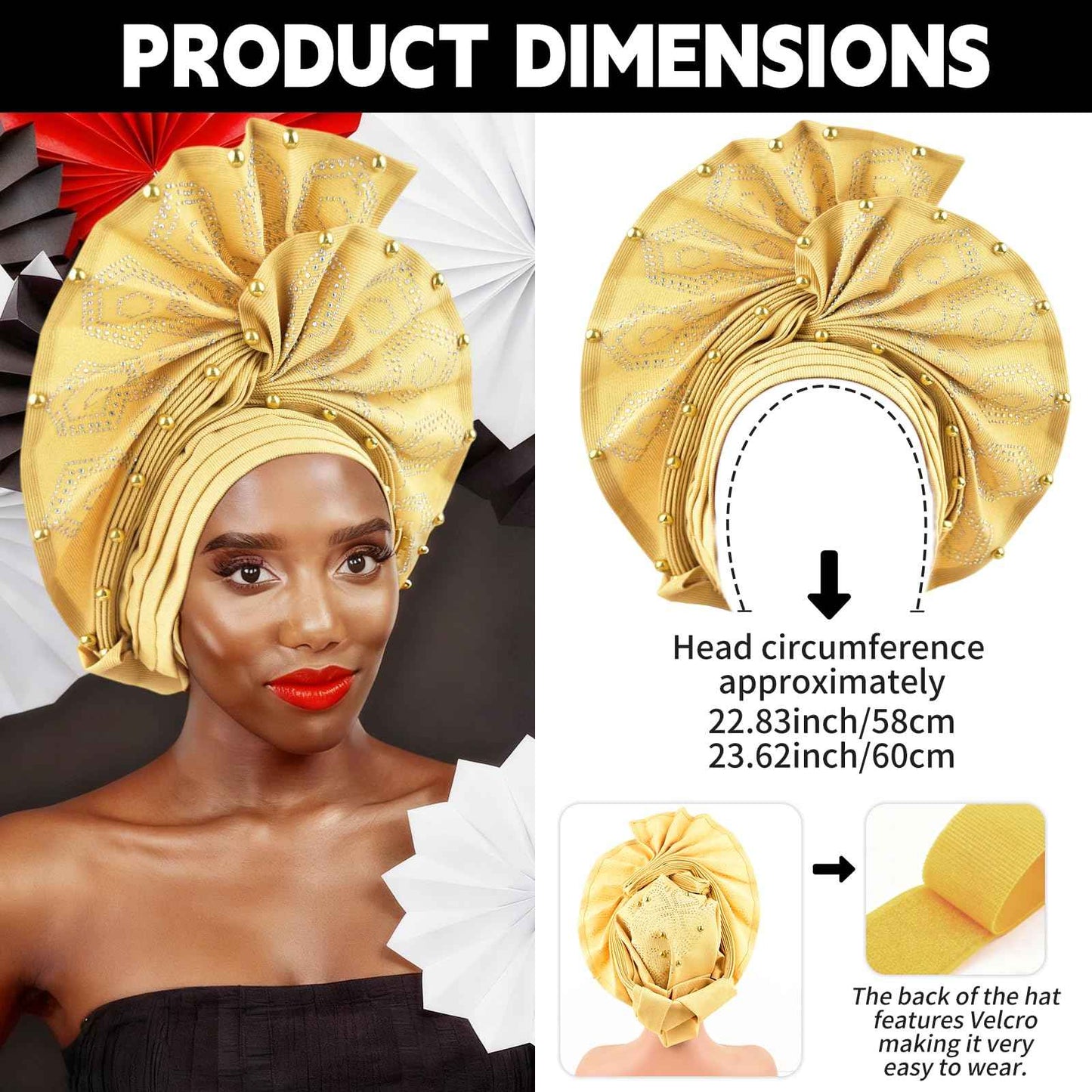 Nigerian headwear for Women African headscar,Auto Gele headband,hand wrap beaded - made for weddings parties events (Gold)