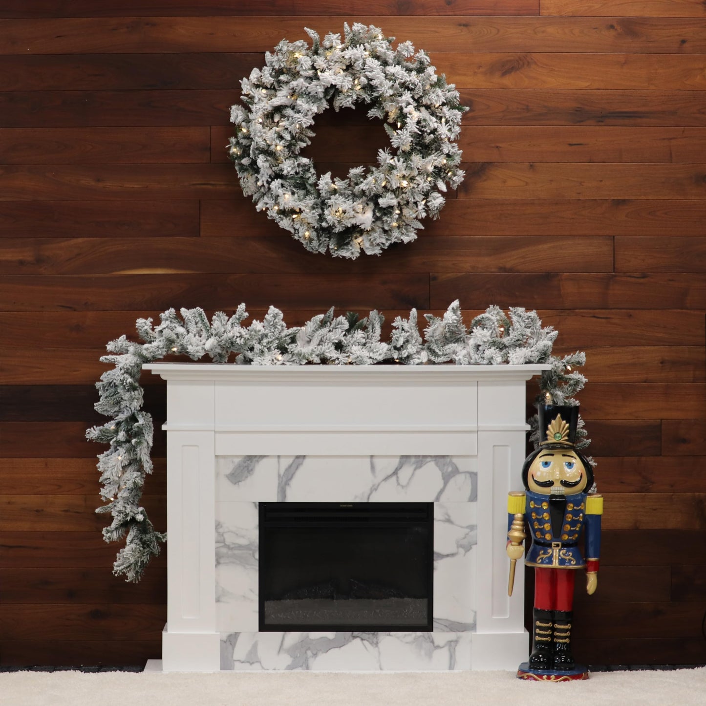 Fraser Hill Farm 9-Ft. Mountain Pine Flocked Garland with Battery Operated LED Lights | Festive Christmas Holiday Decor for Fireplace Mantel, Stairway, Console Table | FFMP108GL-5SN, Snow