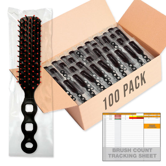 Bulk Hair Brushes for Homeless Supplies Bulk - 100 Pack, Individually Wrapped, Black Hairbrush; Includes Easy To Use Sheet for Brush Count Tracking at Shelter; Helps Promote Hygiene, Confidence