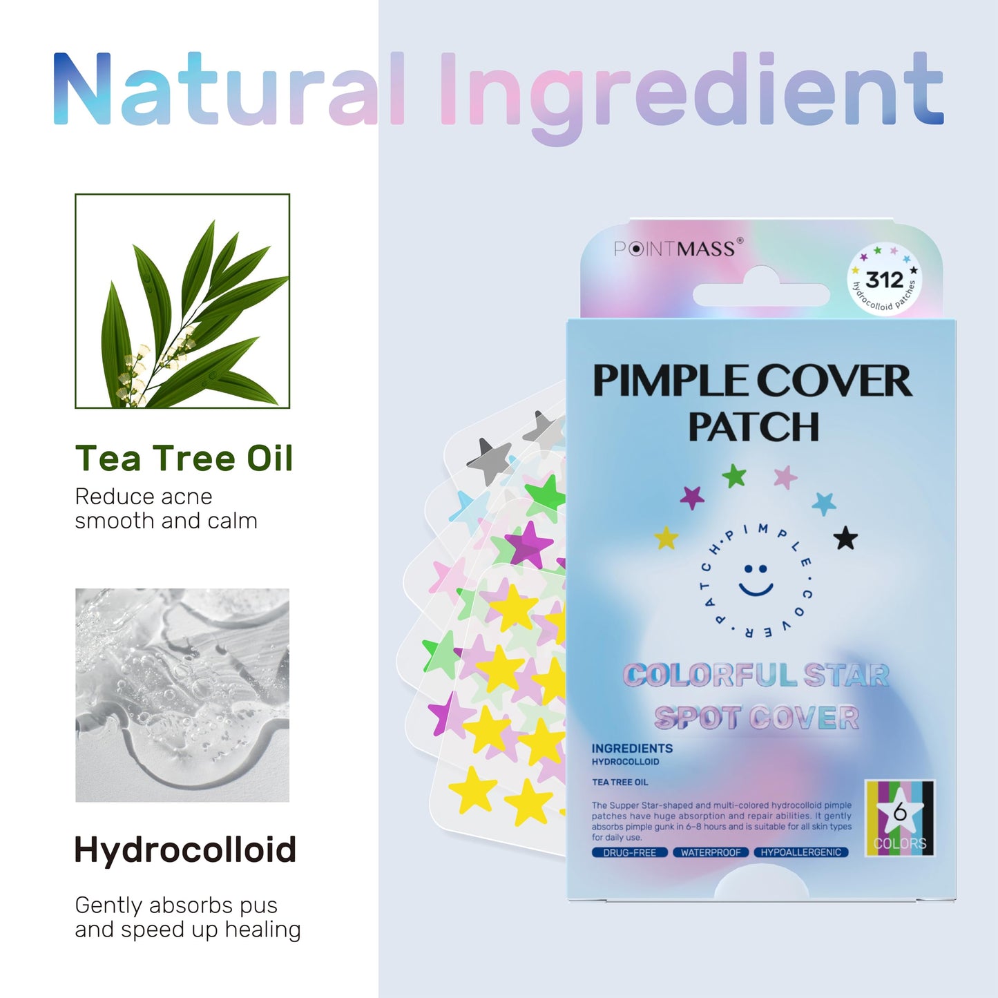 POINTMASS Star Pimple Patches: 6 Colors 312 Thickened Hydrocolloid Acne Patches Cute for Face and Skin Covering of Blemishes Zits etc. Acne Patches Contain Tea Tree Oil