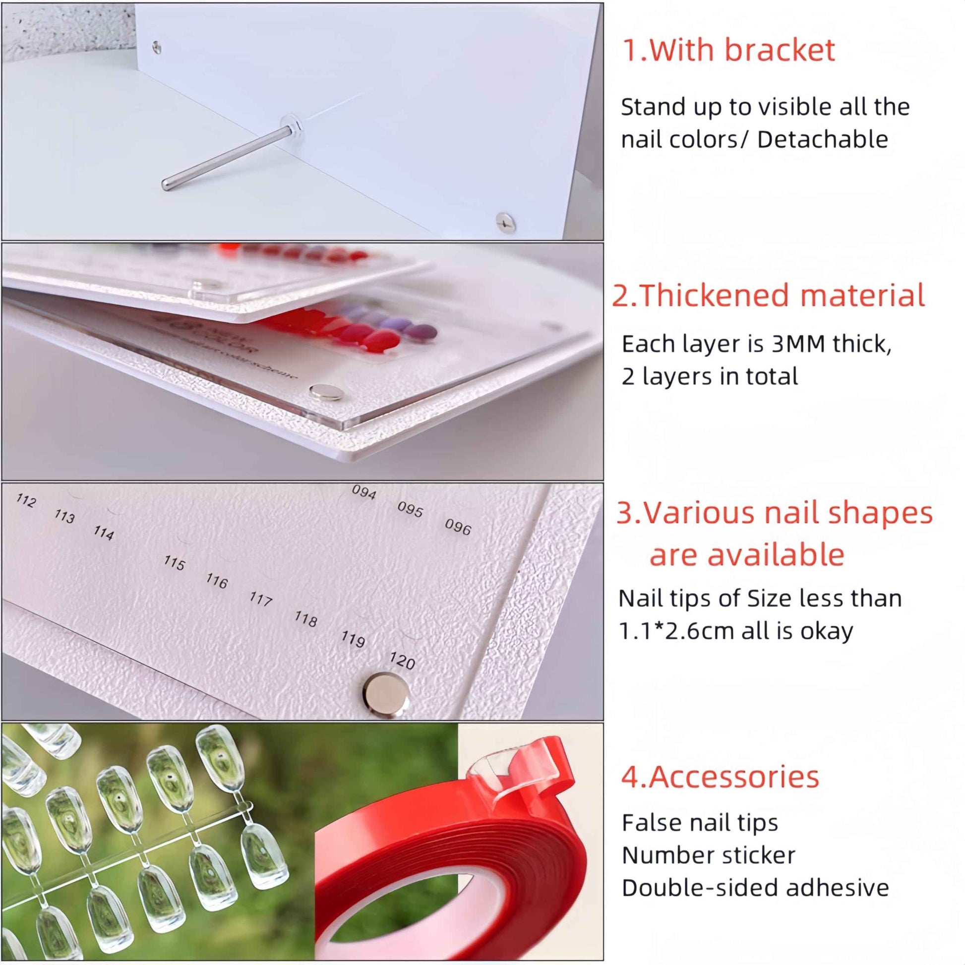 Acycoin2A 240 Nail Color Display Board Nail Art Sample Chart Acrylic Gel Polish Rack Colors Showing Shelf with False Nail Tips and Number Sticker