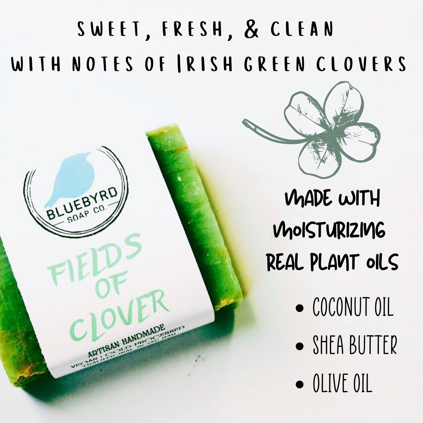 Bluebyrd Soap Co. Lucky Clover Soap Bar | Natural Irish Bar Soap | Handmade USA, Vegan Soap Buddy Bars For Kids, Free of Parabens Silicones Sulfates, Made with Coconut & Olive Oil (Green)