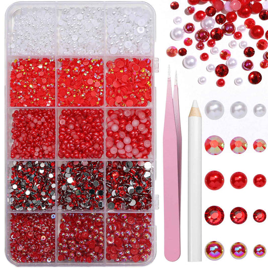 12000 Pcs Red Flatback Pearl and Rhinestones for Crafting, Mixed Sizes 3/4/5 mm Red Jelly Resin Rhinestone Pearls for Bedazzling, Half Pearls for Crafts DIY Mugs Makeup Crafts