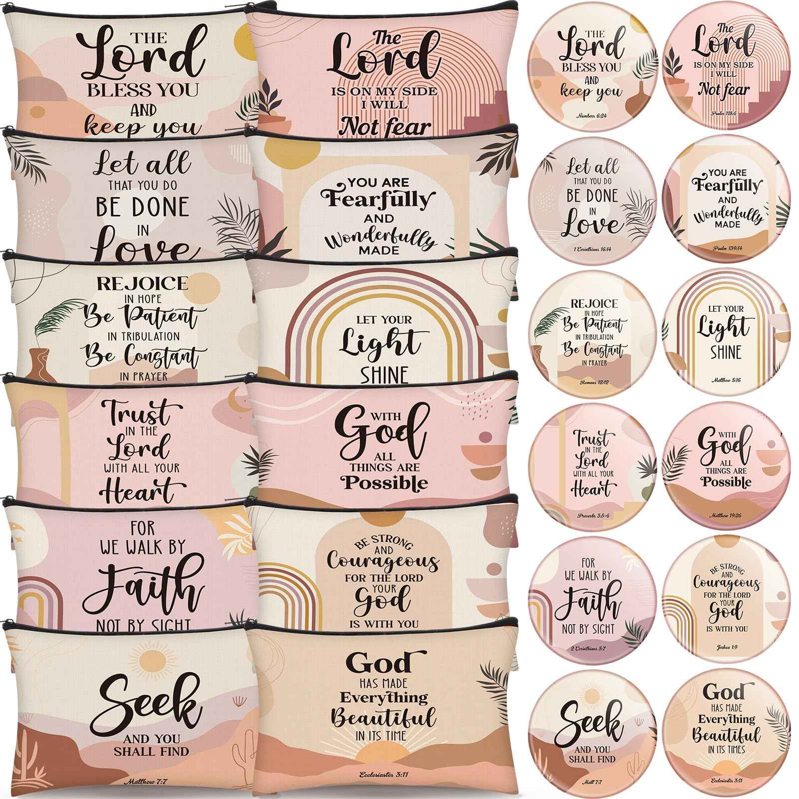 Geelin 24 Pcs Christian Gifts Bulk for Women 12 Religious Canvas Makeup Bags 12 Boho Bible Verse Compact Mirrors Inspirational Church Party Gifts for Women Mother Sister