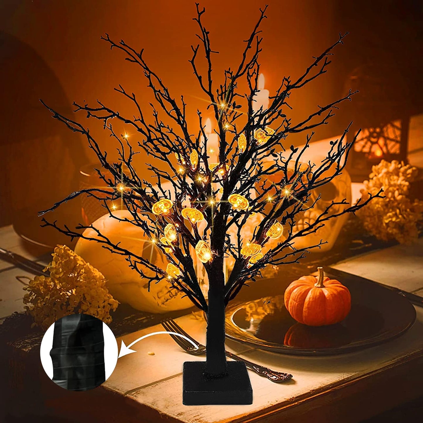 TURNMEON Timer 24 Inch Prelit Black Halloween Tree Decorations with 24 Orange LED 25 Pumpkin Battery Powered Halloween Black Spooky Tabletop Tree Decor Indoor Home Party