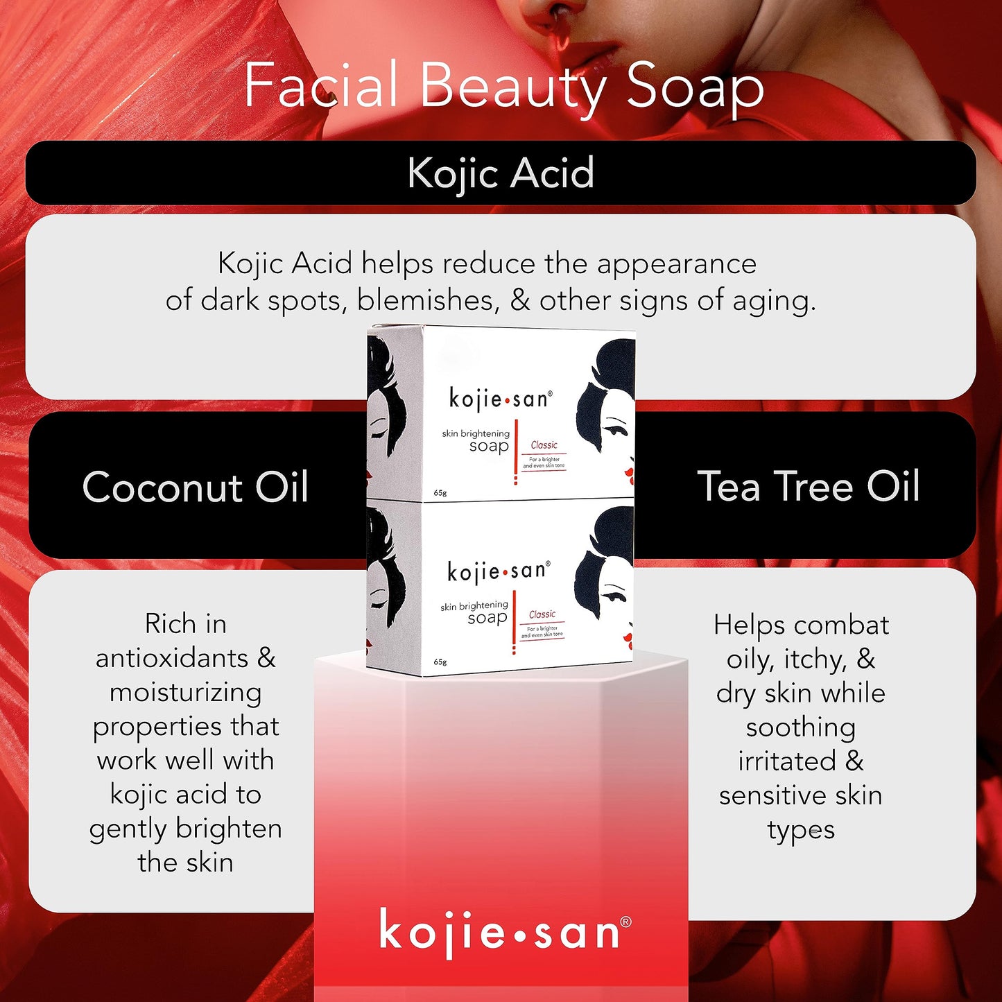 Kojie San Skin Brightening Soap - Original Kojic Acid Soap that Reduces Dark Spots, Hyperpigmentation, & Scars with Exfoliating Soap Net Included - 65g x 2 Bars