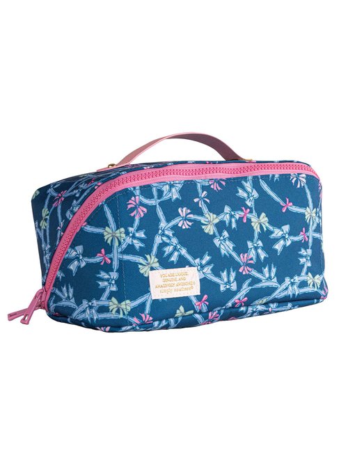 Simply Southern Cosmetic Bag, Fully Lined, 4 Interior Pockets (Ribbons - Blue)