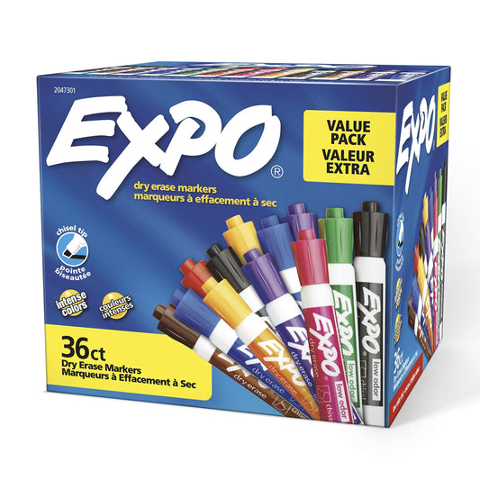 EXPO Chisel Tip Dry Erase Markers, Low-Odor Assorted Colors, Pack of 36 - Ideal for Classrooms, Offices, and Homes