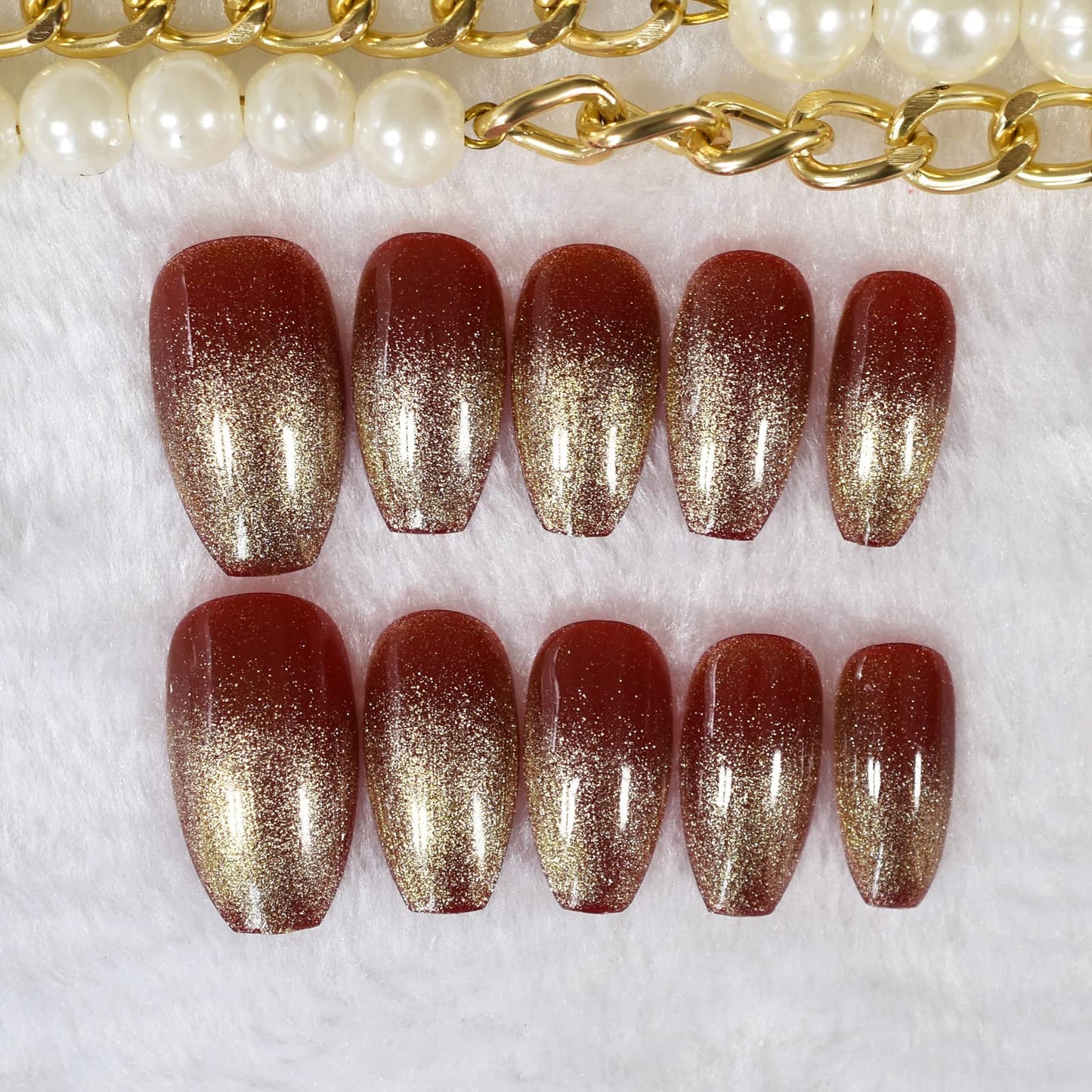 Wine Red with Gold Giltter Press On Nails Medium Length Coffin False Nails Women Girls Ballerina French Nail Art Tips Full Cover Reusable Fingernails Datechable Acrylic Manicure For Daily Dating Office Home Party (24pcs)