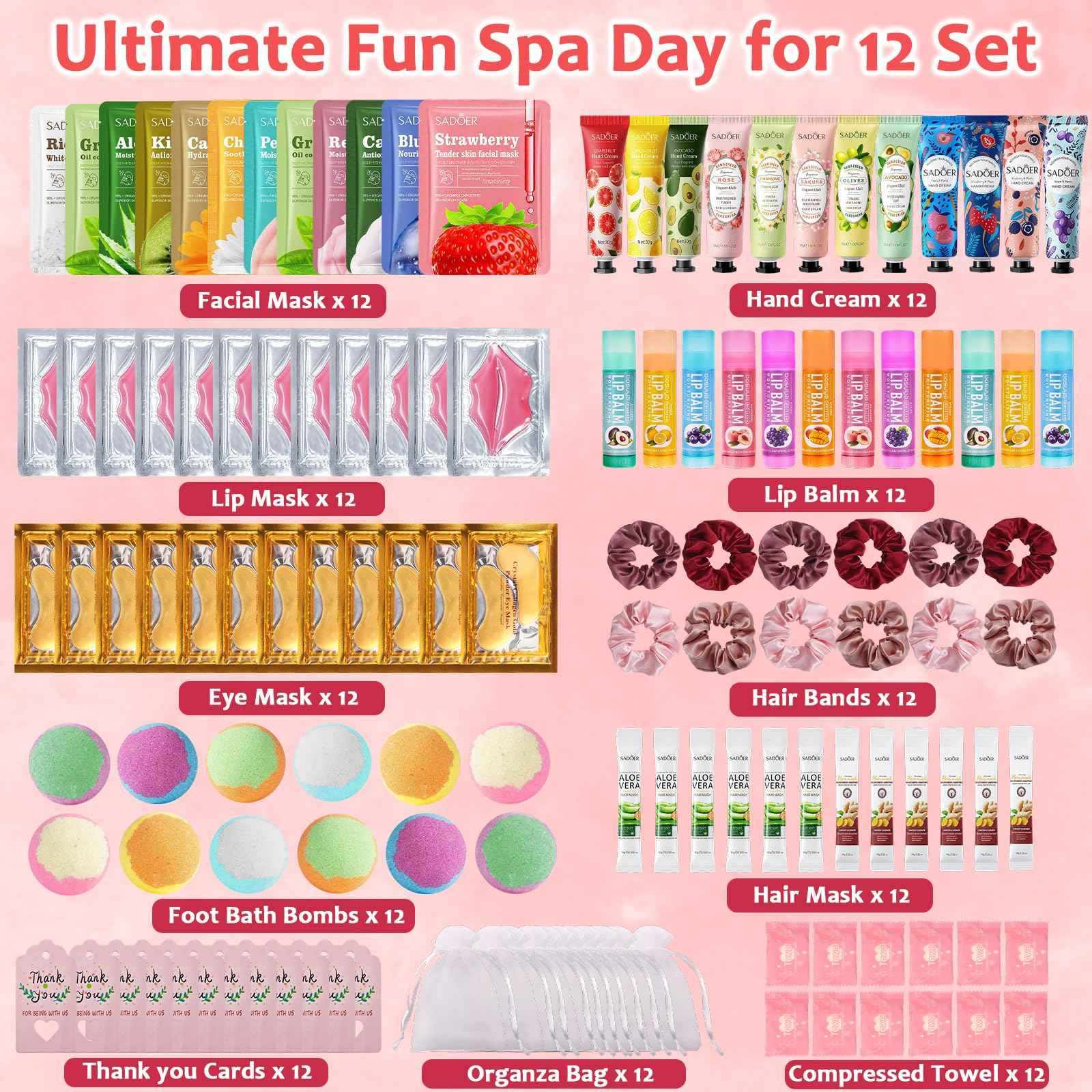 132PCS Spa Party Supplies for Women, Spa Party Favors Include Face Masks, Hand Cream, Lip Balm, Under Eye Patches, Lip Mask, Foot Bath Bombs, Hair Band, Spa Birthday Sleepover Party Supplies for Girls