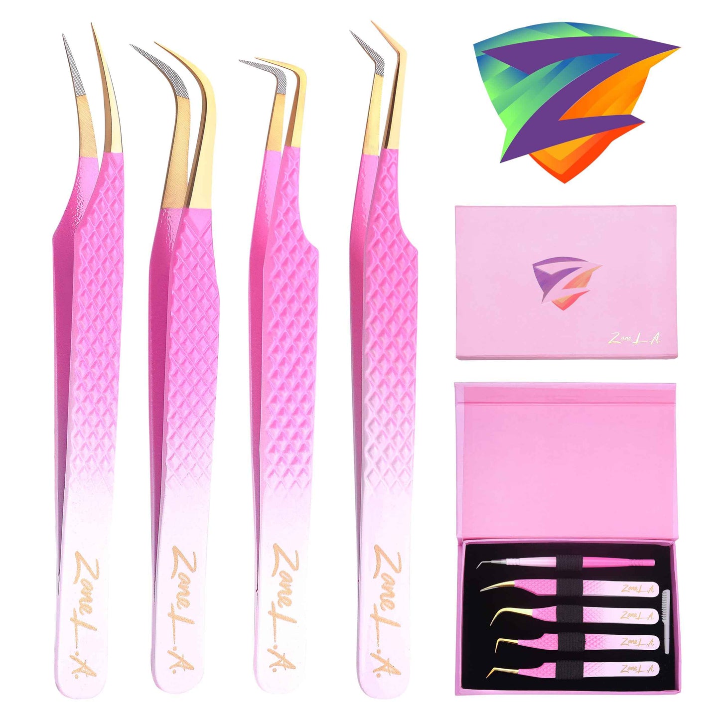 Zane L.A. Nano Fiber Tip Professional Eyelash Extension Tweezers, a pack of 4, Quality tweezers made with Japanese Stainless Steel, FREE Eyelash Separator. (Pink and White)