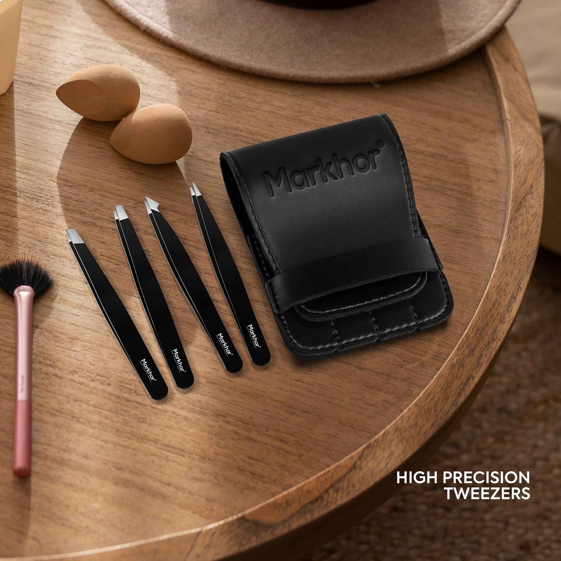 MARKHOR® Black Majesty, Professional Pointed and Slant Tweezers for Eyebrows, Tweezers for Women Facial Hair, Splinter and Ingrown Hair Removal Tweezers, Stainless Steel Precision Eyebrow Tweezers Set