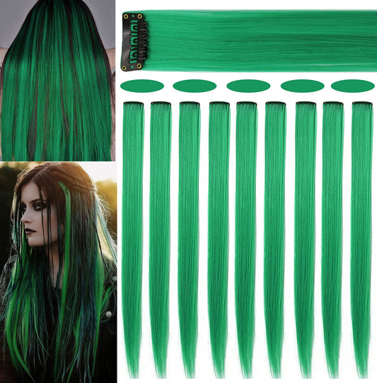 Rhyme 9PCS Princess Party Highlight Green Hairpieces Colored Hair Extensions Clip in/on for Girls and Women Wig Pieces Green Hair Accessories (Green)