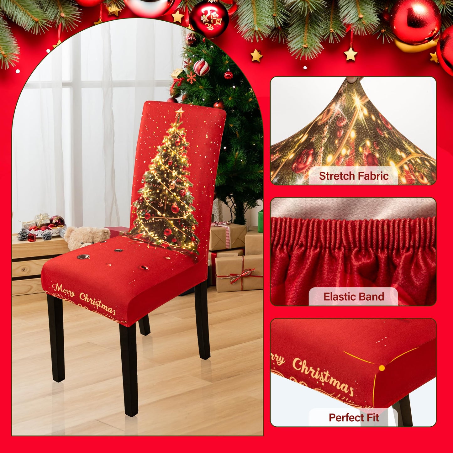 4PCS Christmas Dining Chair Covers Stretch Removable Washable Dining Room Chair Protector Slipcover 3D Print Xmas Tree Bow Tie Kitchen Chair Cover Slipcovers for Xmas Holiday Party Home Décor