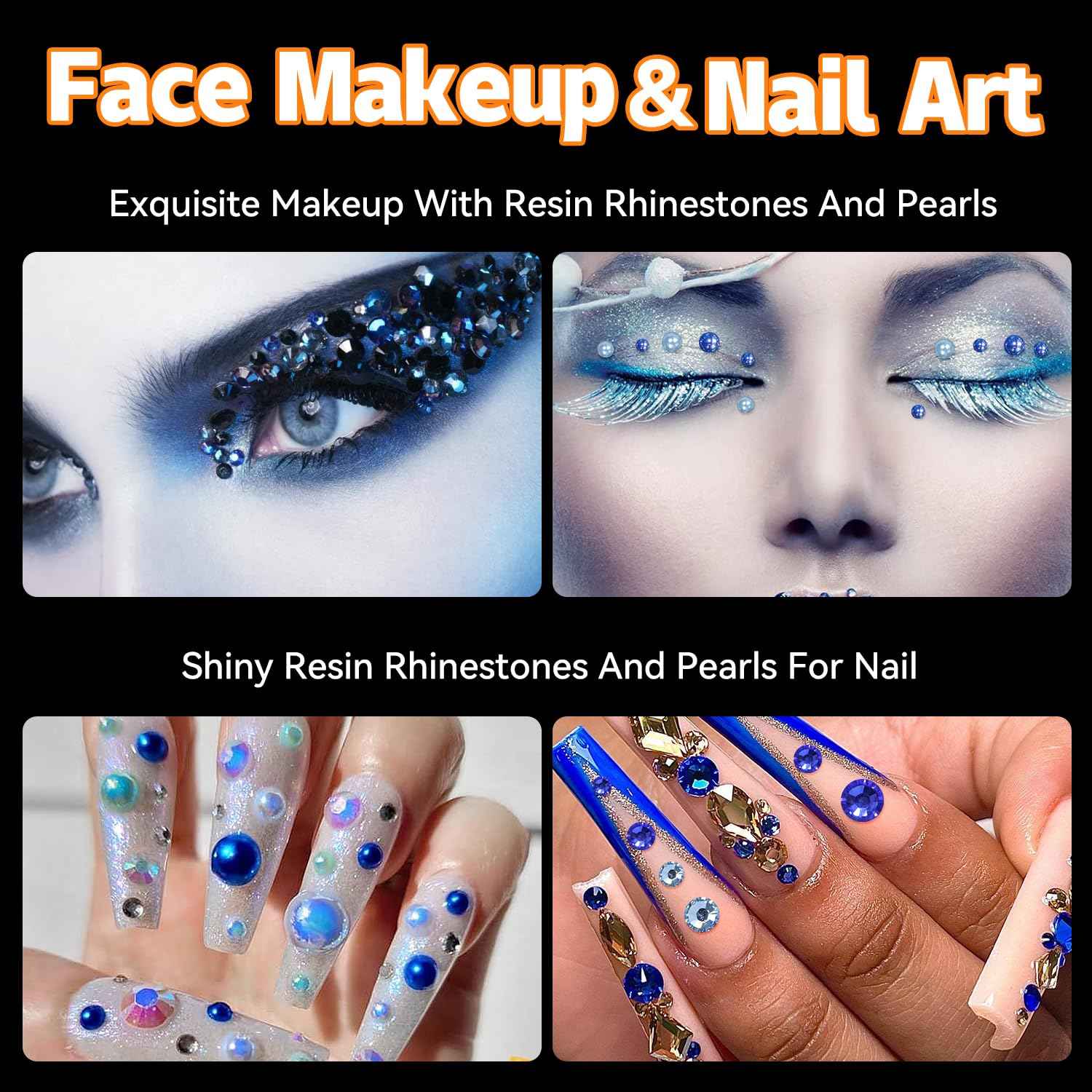 50g Blue Color Flatback Rhinestones Pearls for Bedazzling, 3-8mm Flatback Rhinestone Gems, 2-10mm Pearls Beads, Moon Star Heart Bowknots Pearl Nail Charms for Crafts DIY Clothes Tumblers