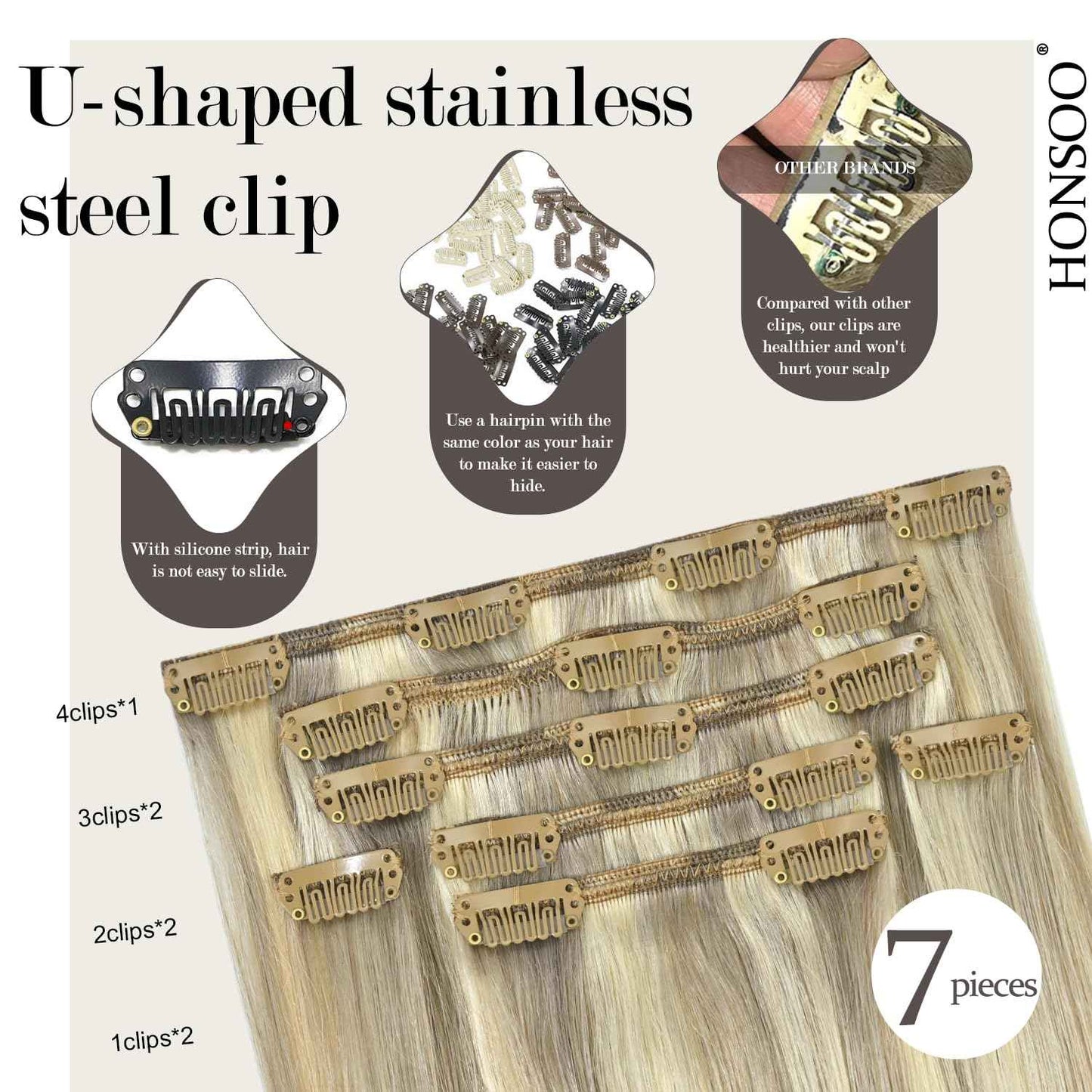 Honsoo Blonde Hair Extensions Clip In Balayage Hair Extensions Real Human Hair Mixed Bleach Blonde 15inch 70g 7pcs Straight Silky Blonde For Women Natural Hair