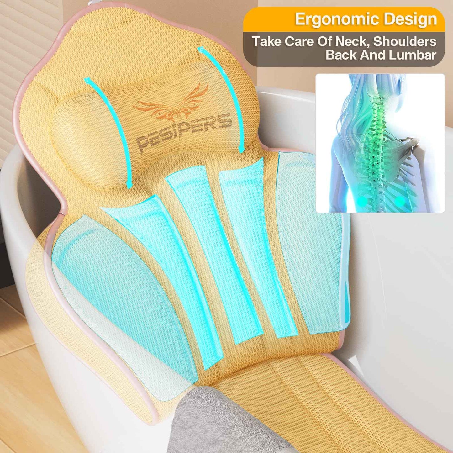 Pesipers Ergonomic Full Body Bath Pillow for Bathtub, 3.9 inch Thickened Tub Pillows for Back Support and Headrest Neck, Soft 5D Air Mesh Cushion & Mat, Bathtub Pillow with 13 Suction Cups(Gold)