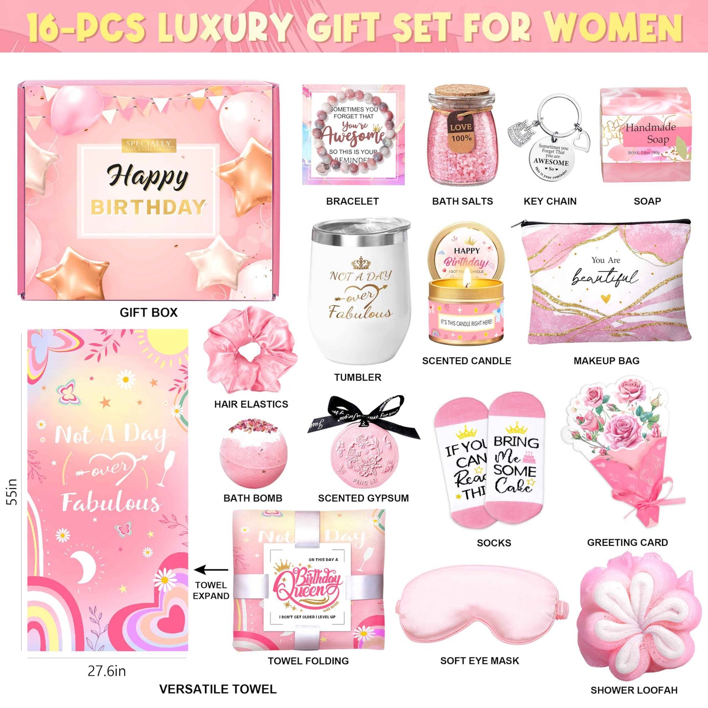 Birthday Gifts for Women, Happy Birthday Gifts Basket for Women Self Care Gift Get Well Soon Gifts, Rose Relaxing Spa Gift Basket with Beach Towel, Woman Birthday Gift for Sister Coworker Her Bestie