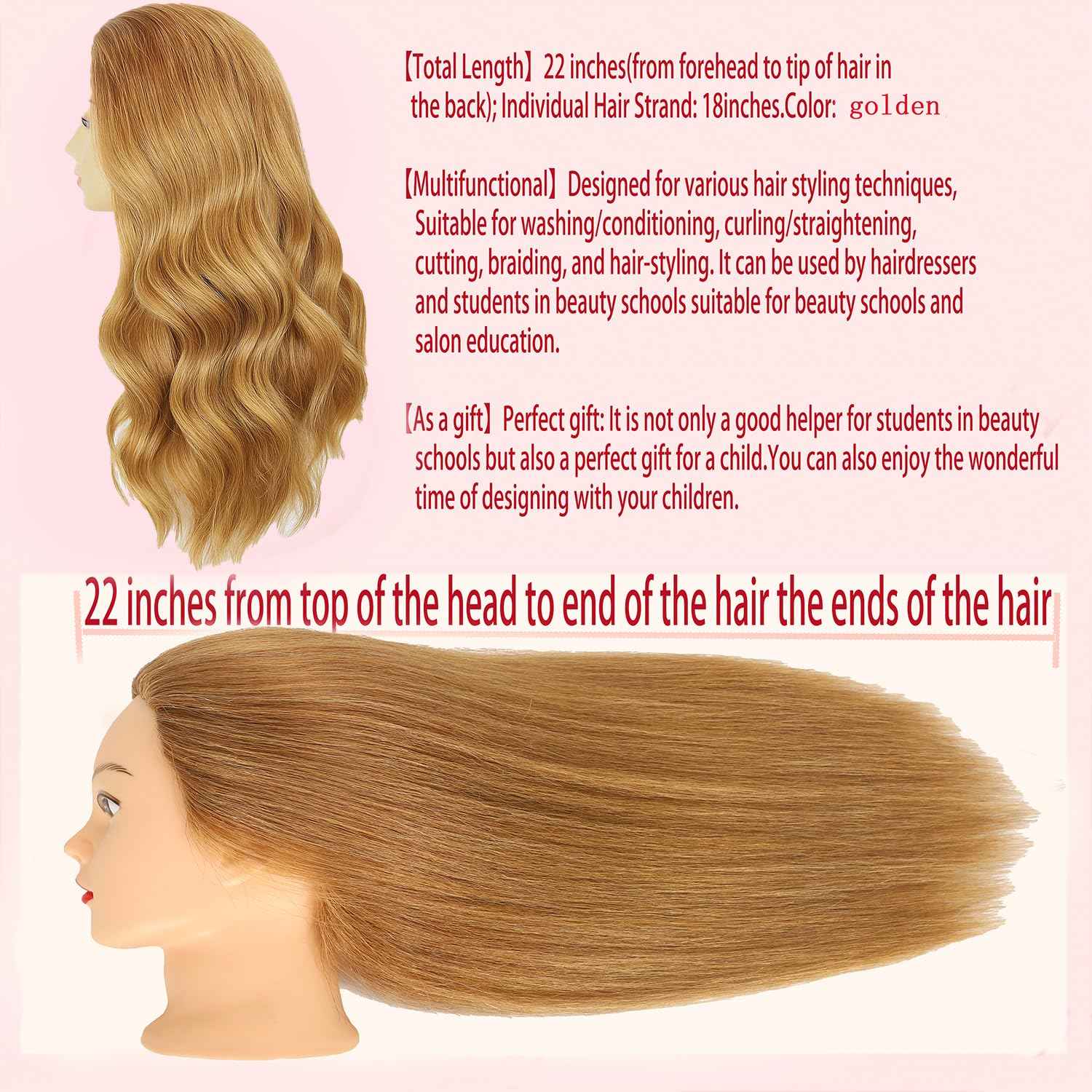 Female Mannequin Head With100% Real Hair Blonde Cosmetology Mannequin Head Hair Styling Hairdressing Practice Training Head Cosmetology Manikin Head Doll Head for Hairdresser with Clamp