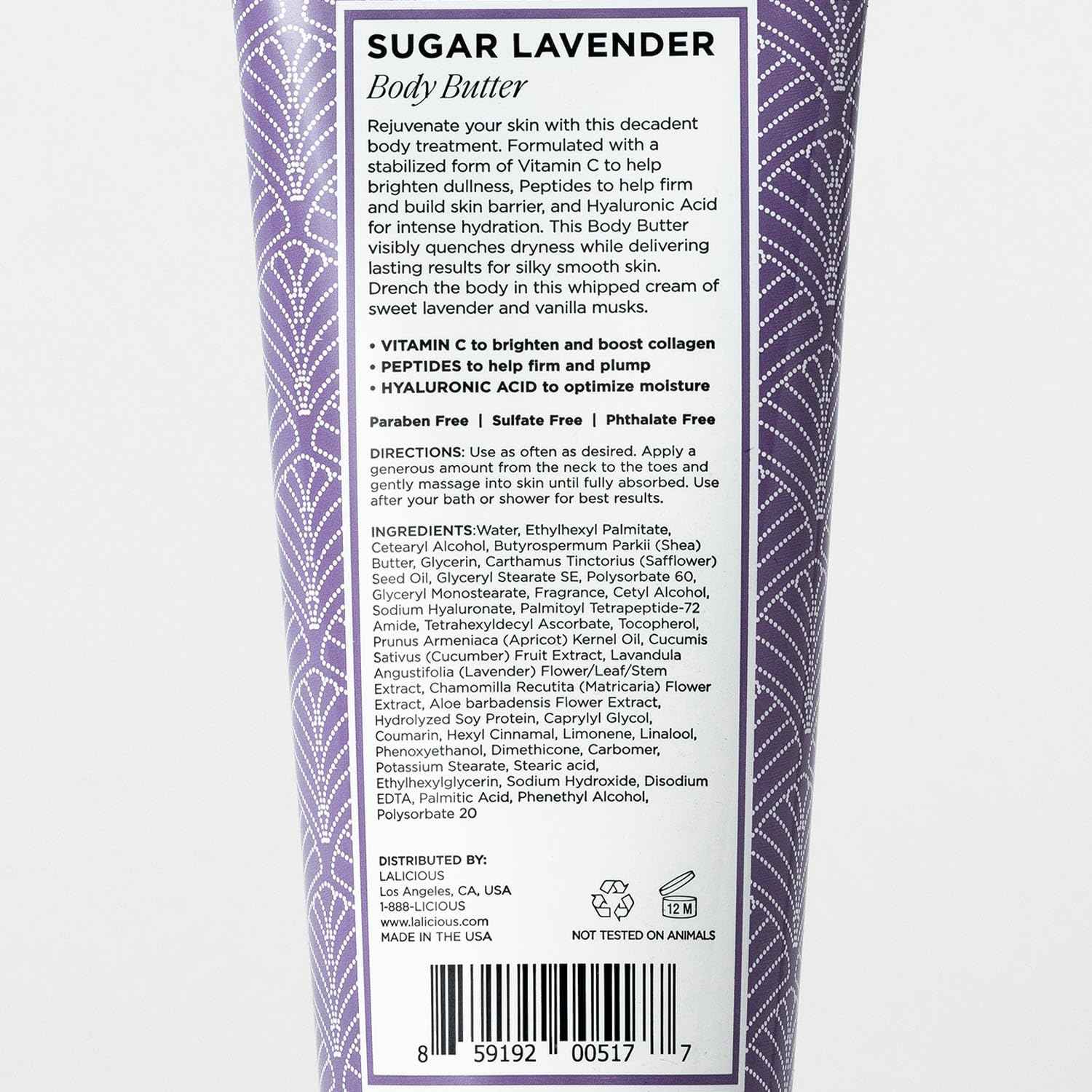 LaLicious Sugar Lavender Body Butter - Hydrating Body & Skin Moisturizing Cream with Whipped Shea Butter, Vitamin E, Cucumber Extract & Apricot Oil - No Parabens (8oz)