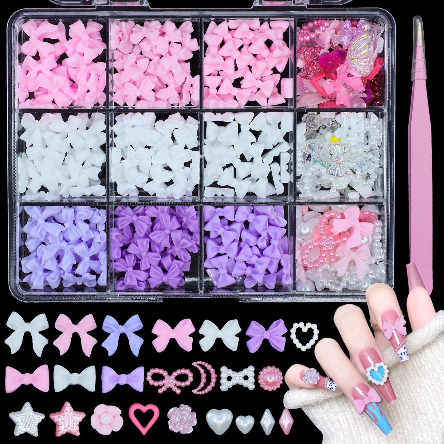 Pink Color White Purple 3D Nail Charms Kit Bowknot Tiny Flower Heart Nail Pearls Charms Butterfly Star Cherry Nail Rhinestones Charms for Manicure DIY Accessories