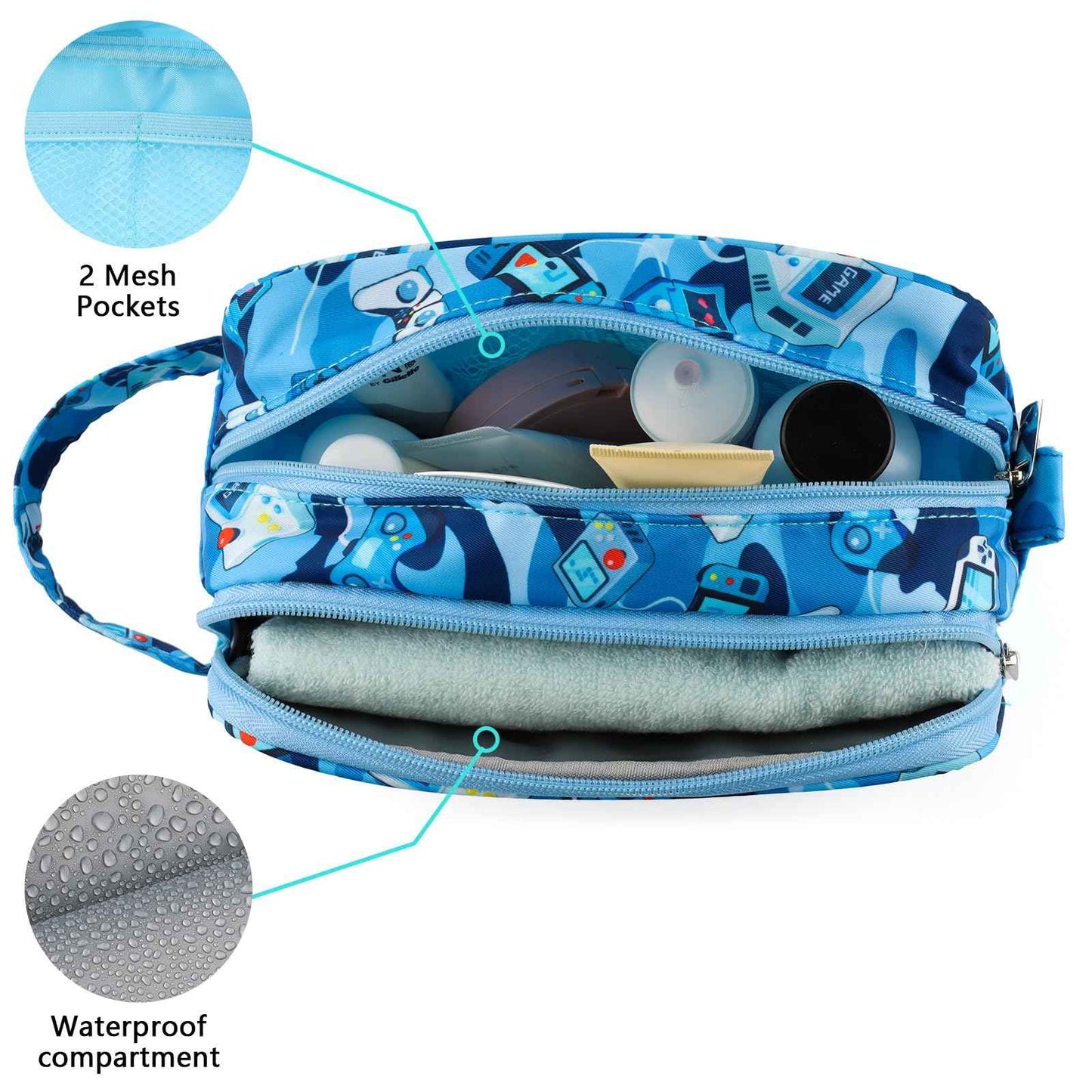 Foxstory Kids Toiletry Bag for Boys, Travel Toiletry Bag for Little Young Boys Waterproof Hanging Wash Bag Toddler Traveling Toiletries, Games Camo Blue