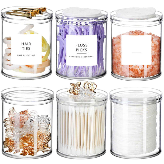 SheeChung Qtip Holder Dispenser Stackable Clear Plastic Container with Storage Lid Bathroom Essentials Decor, Vanity Makeup Storage Organizer for Cotton Swabs, Cotton Balls (6pack 10oz&12oz)