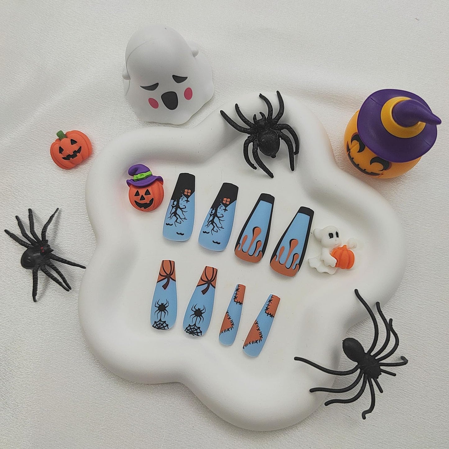 Halloween Press on Nails Long Coffin Fake Nails Matte Glue on Nails Blue Acrylic Nails with Spider Pumpkin Bat Designs Spider Web False Nails Halloween Stick on Nails for Women 24Pcs