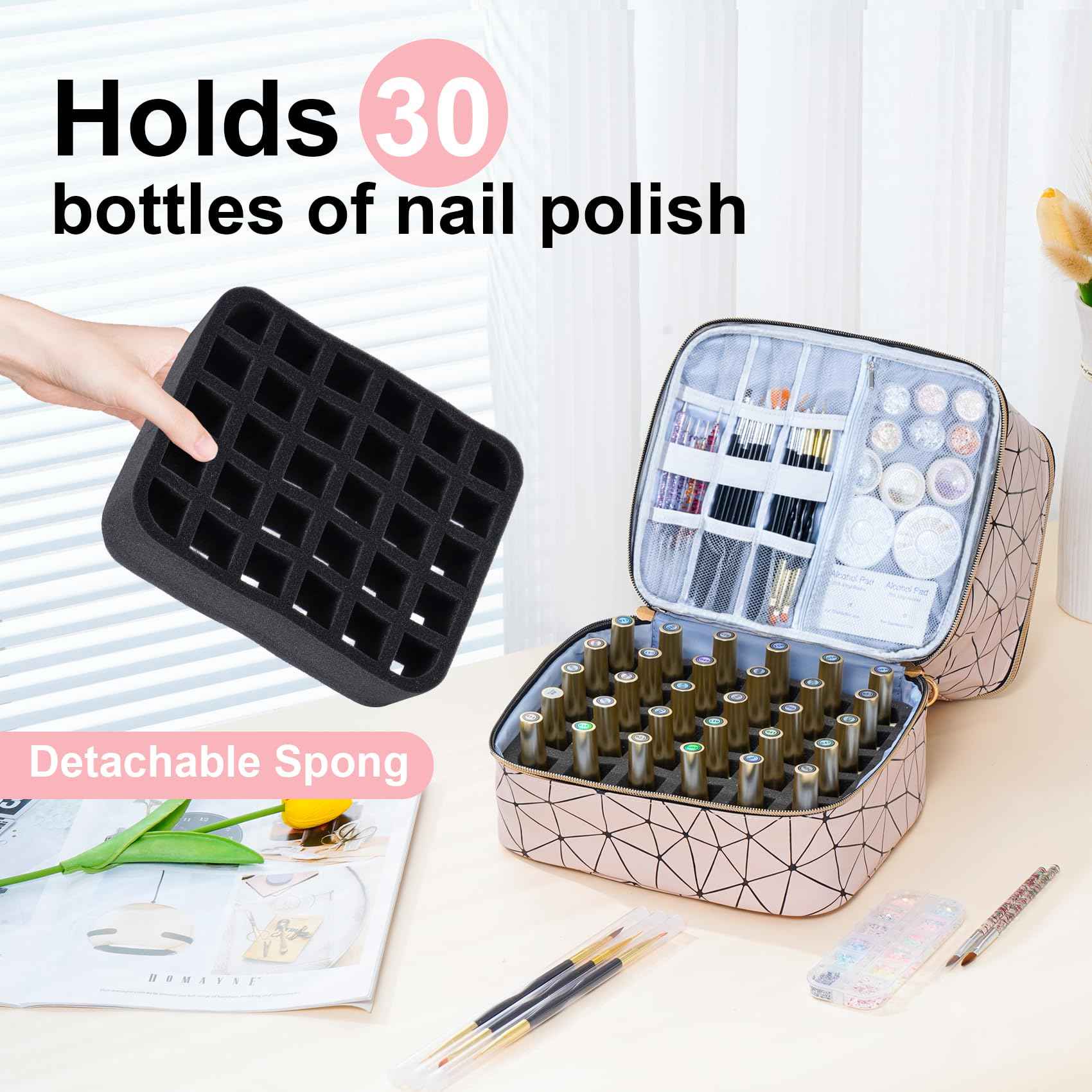 Uross Nail Polish Organizer Bag Holds 30 Bottles Nail Polish & Nail Kit -Nail Polish Storage Organizer Bag Nail Supplies Organizer Case for nail tech - Lightpink