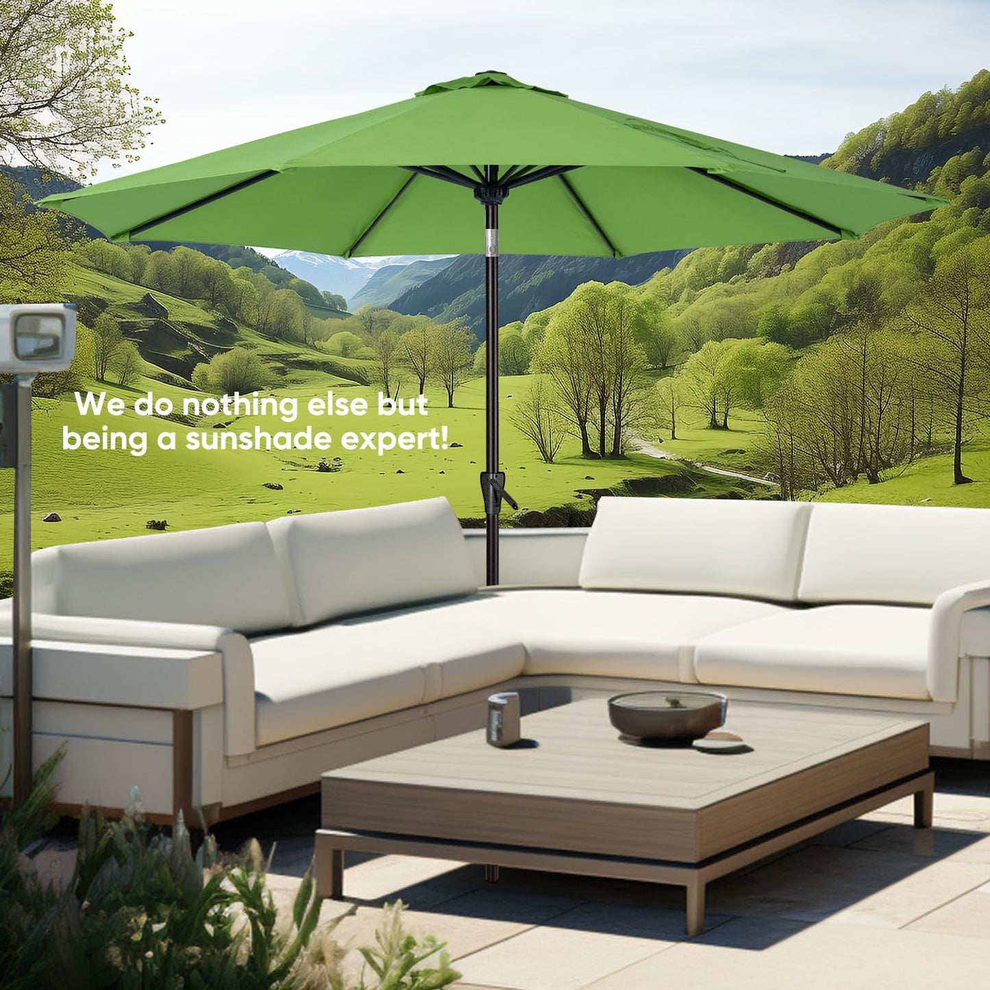 Tempera 9ft Patio Market Outdoor Table Umbrella with Push Button Tilt and Crank,Large Sun Umbrella with Sturdy Pole&Fade resistant canopy,Easy to set, Green