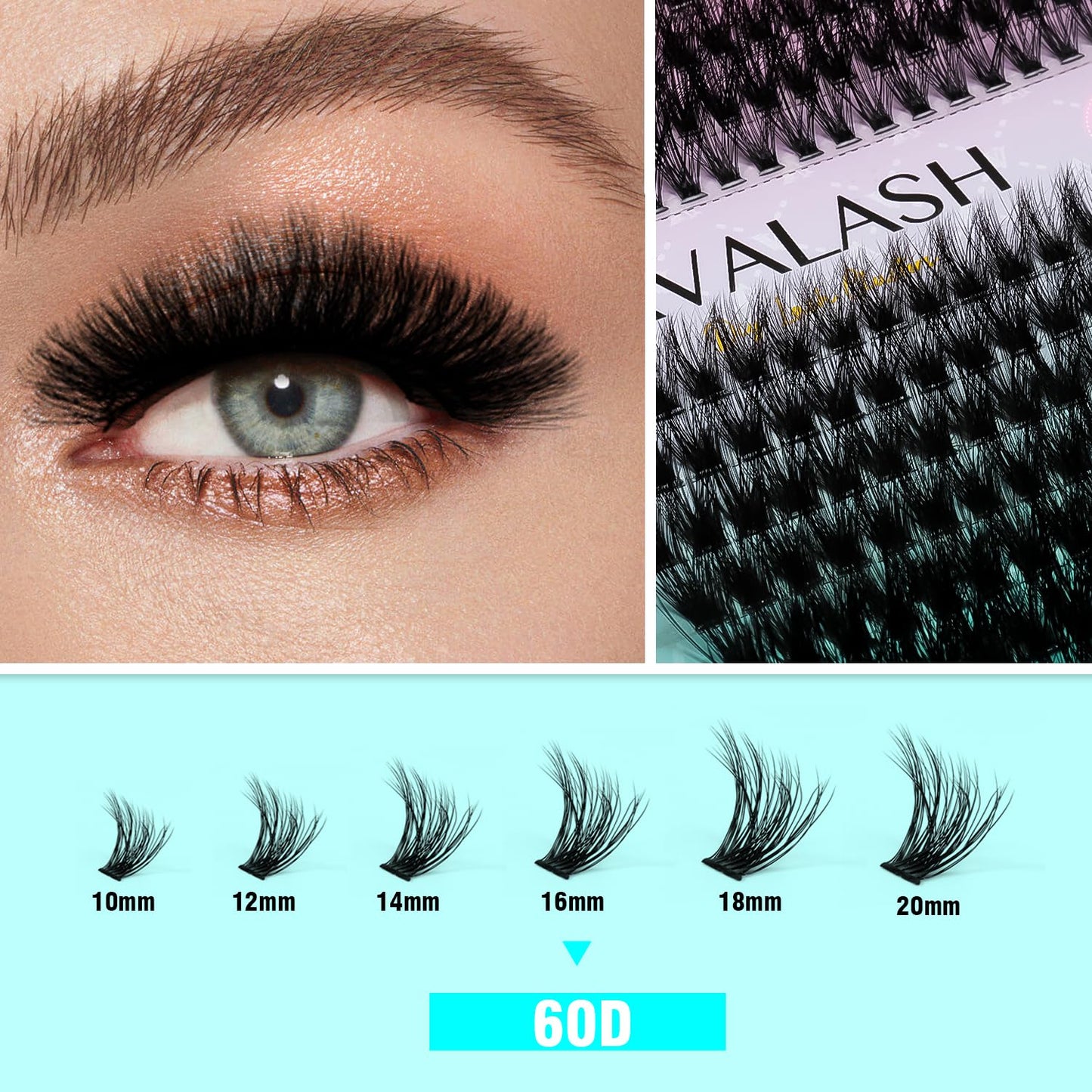 VAVALASH Lash Clusters Kit 60D 10-20mm Cluster Lashes Wispy Volume Individual Lashes, Lash Bond and Seal Glue, Lash Tweezer for DIY Lash Extension at Home (60D-10-20MIX-KIT)