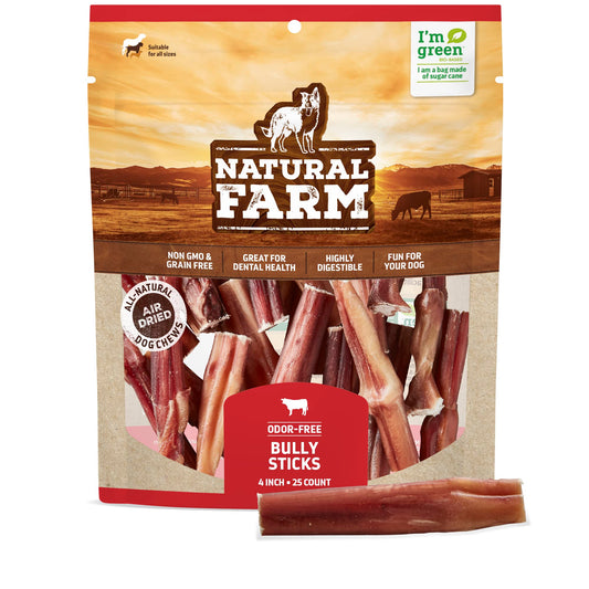 Natural Farm Odor Free Bully Sticks (4 Inch, 25 Pack) for Small & Medium Dogs - 100% Beef Chews for Pups, Non-GMO, Grain-Free, Fully Digestible Long Lasting Dog Treats