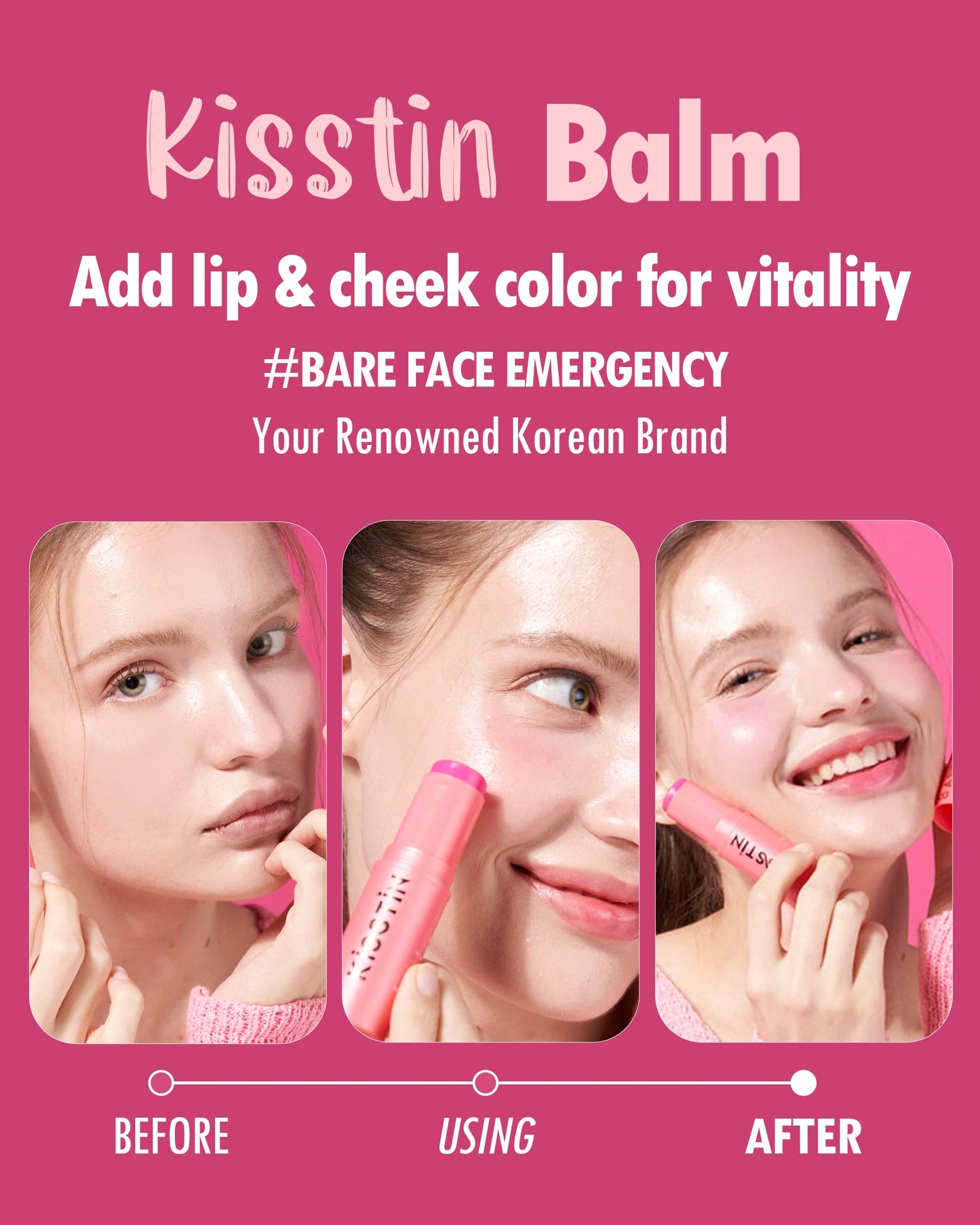 KAHI Kisstin Balm Pink - Skin-Refining Face Balm Moisturizer & Makeup Stick | Nourishing Beauty Balm Moisturizer Stick | Multi-use Face Balm Stick | Makeup-enhancing Glow Balm (0.32 fl oz)