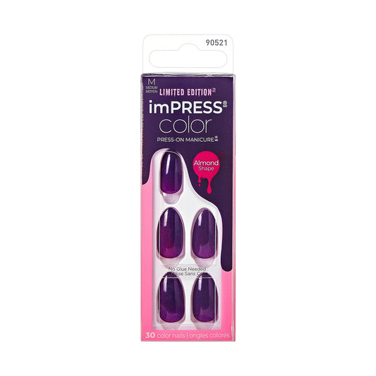 KISS imPRESS Color Press-On Manicure Halloween, Solid Purple, Medium Length, Almond Shape, PureFit Technology, Chip Proof, Smudge Proof, Waterproof, Nail File, Manicure Stick & 30 Fake Nails