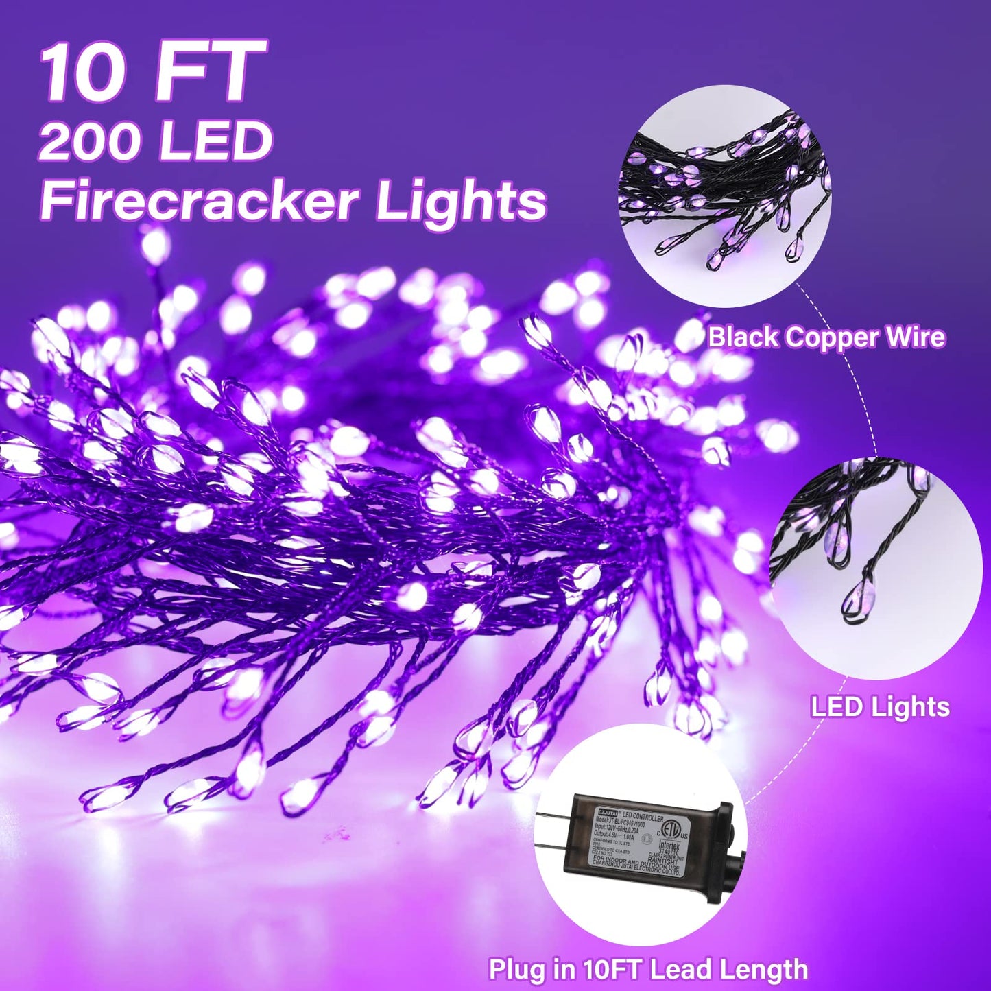 Halloween Fairy Lights Plug in, 10Feet 200 LEDs Firecracker String Lights with Remote, Waterproof Cluster String Lights for Ceiling Bedroom Wreath Window Bar Haunted Theme Halloween Decoration, Purple